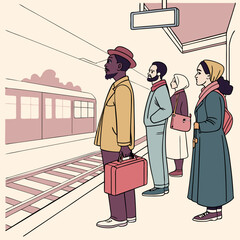 Multiethnic people group standing on railway station mix race men women waiting train on platform public transport stock illustration