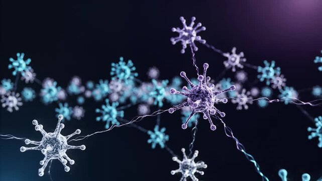 Close up of detailed virus particles or microorganisms with spike proteins floating in a dark background for scientific and medical research visuals