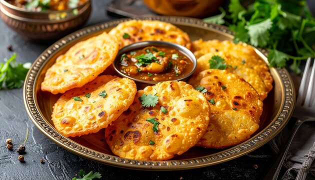 Bengali Luchi with Aloo Dum. Traditional Indian Food