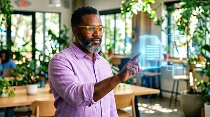 Fototapeta premium Mature black man interacting with futuristic digital document hologram