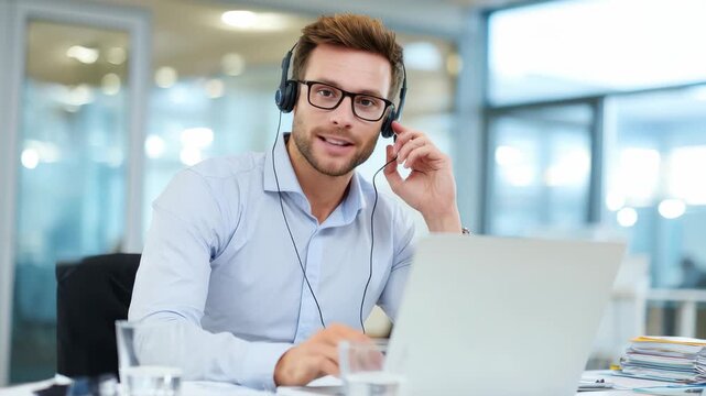 Successful customer service representative assisting clients from a modern office space while working on a laptop during daytime