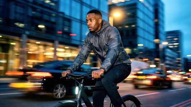 Black man riding electric bicycle on city street at night