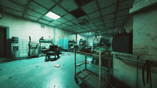 The abandoned hospital displays a haunting interior filled with rusty, outdated medical equipment and furniture. Evidence of decay is seen throughout the dimly lit, eerie space.