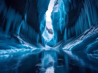 Majestic Icy Canyon with Glowing Blue Water and Frozen Formations