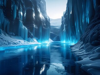 Majestic Icy Canyon with Glowing Blue Water and Frozen Formations