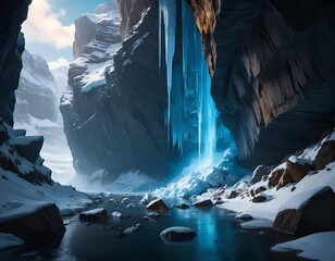 Majestic Icy Canyon with Glowing Blue Water and Frozen Formations