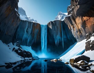 Majestic Icy Canyon with Glowing Blue Water and Frozen Formations