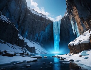 Majestic Icy Canyon with Glowing Blue Water and Frozen Formations