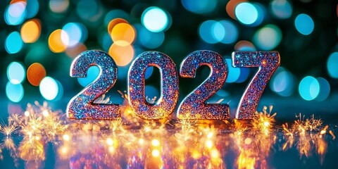 Vibrant Celebration with Sparkling Fireworks and Colorful Lights Welcoming the Year 2027 Joyfully