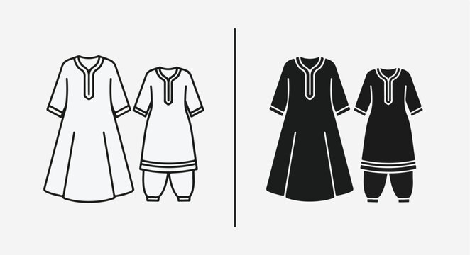 Line drawing of traditional clothing sets in black and white with intricate designs on a plain background.