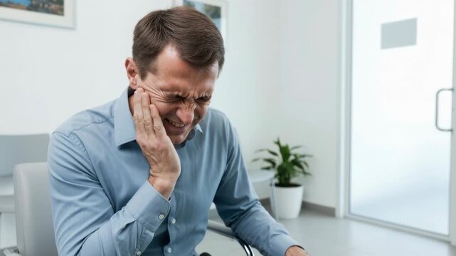 Man suffering from severe toothache sitting in dentist waiting room, dental emergency concept