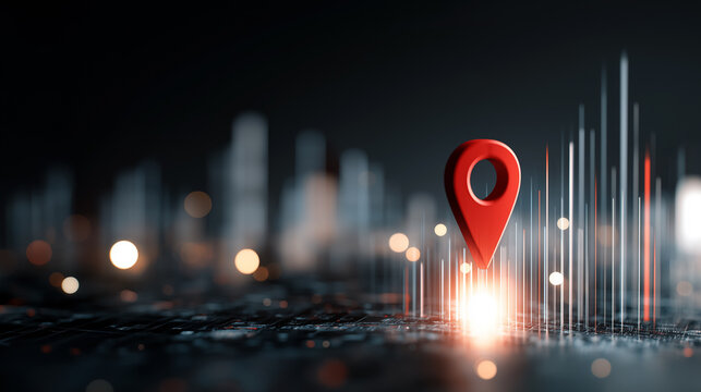 Abstract macro view of a glowing real estate location pin hovering above digital city data background with copy space for business and technology concepts