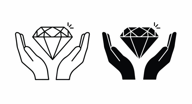 Black and white line art illustration of two hands holding diamonds on a plain white background with simple lines and shapes.