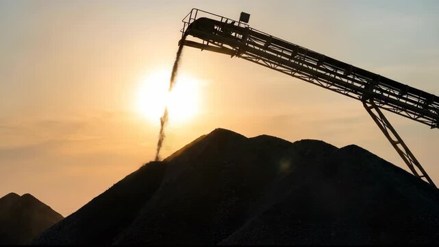 Silhouette of a conveyor belt dropping gravel onto a large pile against a warm sunset sky, Industrial material handling at dusk