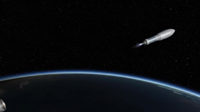 Spacecraft in Earth orbit with planet curvature and stars, rocket stage separation in space, futuristic space exploration