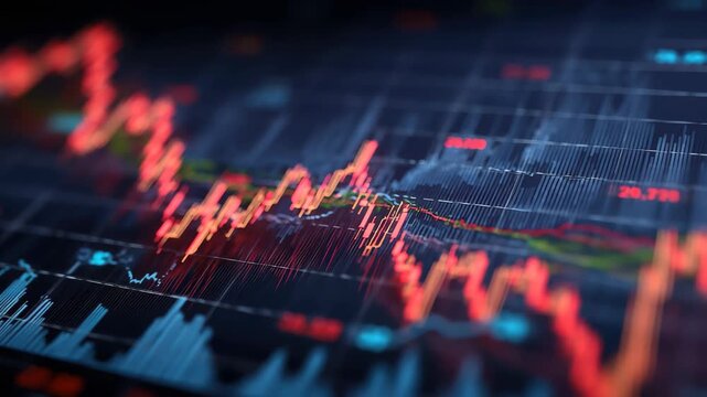 Stock market trading graph displays fluctuations and trends in forex values with vibrant color patterns on a digital interface representing financial analysis and investment strategies