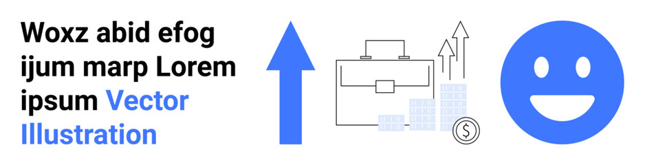 Fototapeta premium Business growth, career development, financial success, professional progress, investment opportunities, motivational goals. Blue arrow, briefcase financial chart coin happy face. Business growth