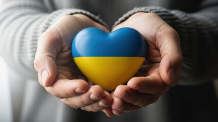 Hands holding Ukrainian flag heart symbol
