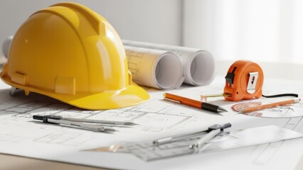 Construction Blueprints Hard Hat And Tools