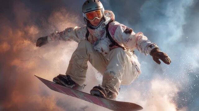 Snowboarder performing an impressive aerial trick in bright sportswear against a dramatic snowy backdrop during a winter competition