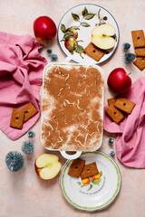 a German dessert made from cookies, apples, mascarpone, and cream. top veiw .selective focus.