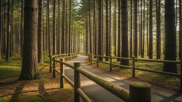 Forest Path Winding Through Tall Pine Trees