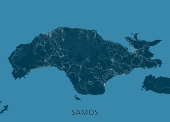 Map of Samos Island, rendered in shades of blue. The island's topography is highlighted with darker blue shades, while a network of white lines represents roads and pathways. 