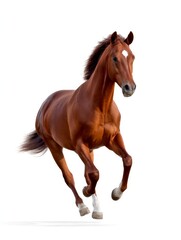 A majestic brown horse gallops gracefully across a bright background. The image captures the beauty and power of this noble animal. Perfect for equestrian themes or animal lovers. AI