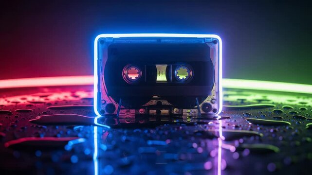 Retro audio cassette tape glowing with neon light, water droplets, dark background
