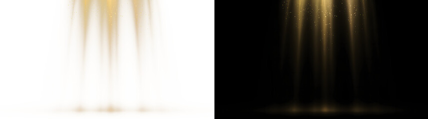 Obraz premium Warm golden spotlight rays with glitter dust overlay, transparent PNG