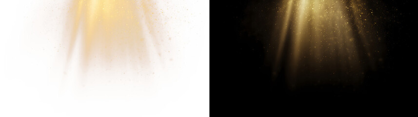 Fototapeta premium Warm golden spotlight rays with glitter dust overlay, transparent PNG