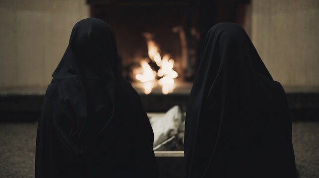Stock style, hyper realistic, high quality photo, faceless mourners seated close together during prayer moment, pyre softly glowing behind, symmetrical composition, subdued emotion