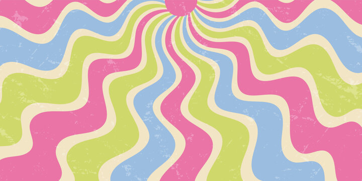 Groovy retro sun with psychedelic wavy pattern and grunge color style. Sunshine flows in a vibrant y2k grungy background. Horizontal format highlights a unique and bold vintage effect for creative