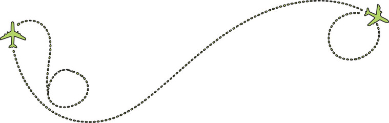The image depicts two light green airplanes that are visually connected by a dashed grey line, which symbolizes their flight path. This path features a loop on the left side, indicating a maneuver 