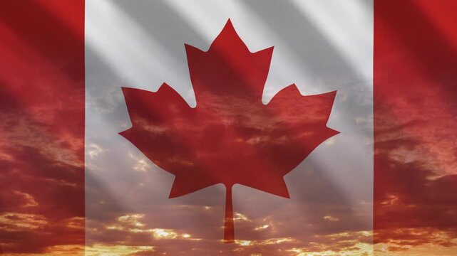 Flag of Canada waving against a vibrant sunset, creating a patriotic and inspiring atmosphere with warm tones.