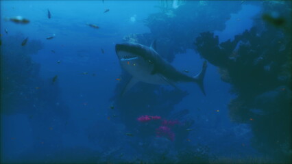 Fototapeta premium apex shark gliding above coral bed, schooling fish scattering, strong blue tones, sunbeams cutting through water, high contrast predator presence