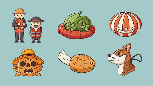 Colorful cartoon icons: circus, animals, and food elements on blue