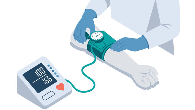 Isometric medical scene: checking blood pressure with modern equipment
