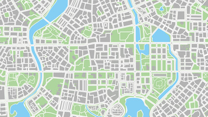 Fototapeta premium Detailed city map with streets, parks, and water bodies in flat design