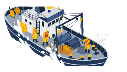 Obraz premium Commercial fishing trawler and crew in modern flat design