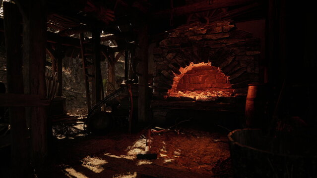 Glowing forge interior with molten hearth and scattered tools, warm ember light casting dramatic shadows across timber beams and sootcoated anvil, atmosphere