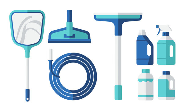 Cleaning supplies set with equipment for pool and household in flat