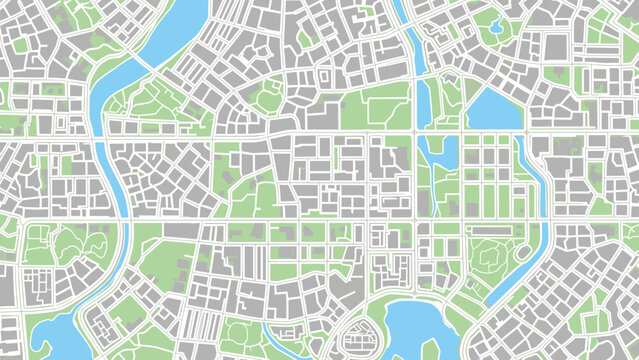Detailed city map with streets, parks, and water bodies in flat design