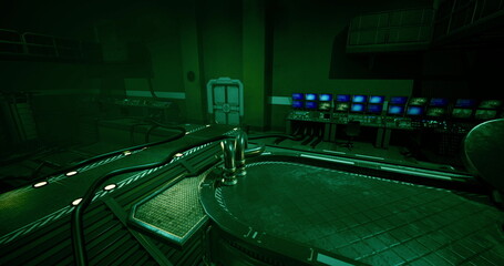 Fototapeta premium empty industrial lab bathed in green lighting, rows of metal vats and tangled pipes, glowing control monitors and consoles, wet reflective floor, valves