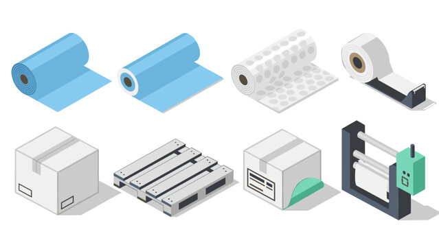 Isometric packaging and shipping supplies collection for industrial
