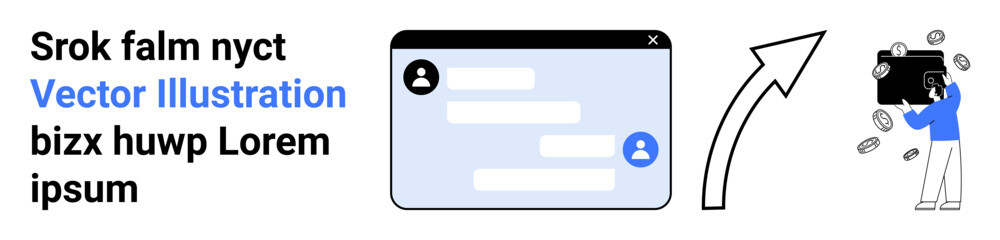 Fototapeta premium Digital communication, online transactions, financial management, fintech solutions, email messaging, technology. A chat window next to an upward arrow and a person with floating coins. Online