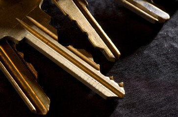 Closeup Details of House Golden Keys on Dark Background