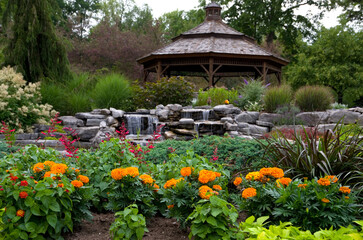 Flower Garden and Waterfall in Ottawa Ontario Canada Cemetery