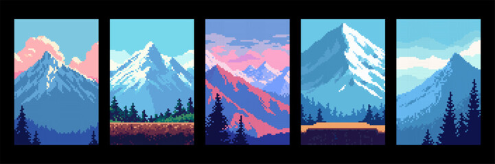 Naklejka premium Set of pixel art mountain landscape with forest in retro game style. Nature background for video game, app design, or social media story.