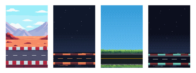 Naklejka premium Pixel game background set with racing road, desert, grass, night, and day sky. Retro arcade aesthetic for video game landscape.
